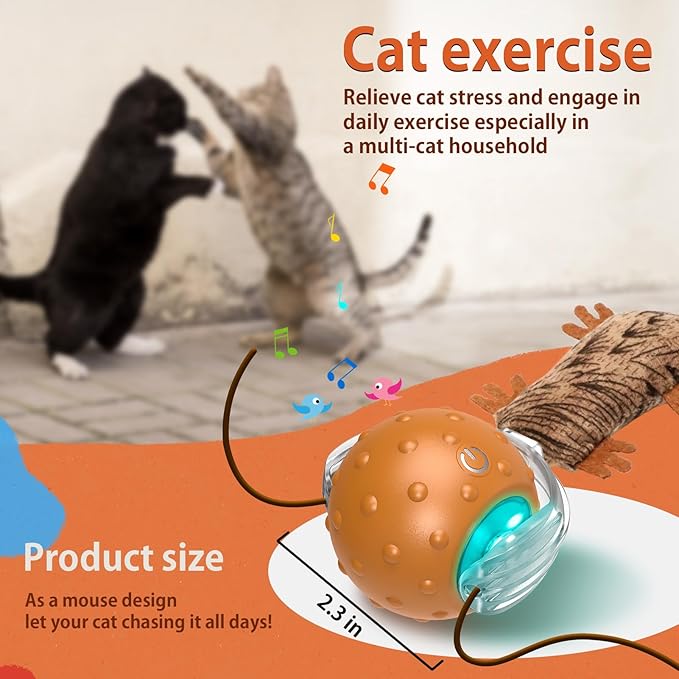 Interactive Cat Toys Ball Mouse Chirping Game Motion Activated Play Cat Ball Fast Rolling on Carpet, for High Energy Kittens