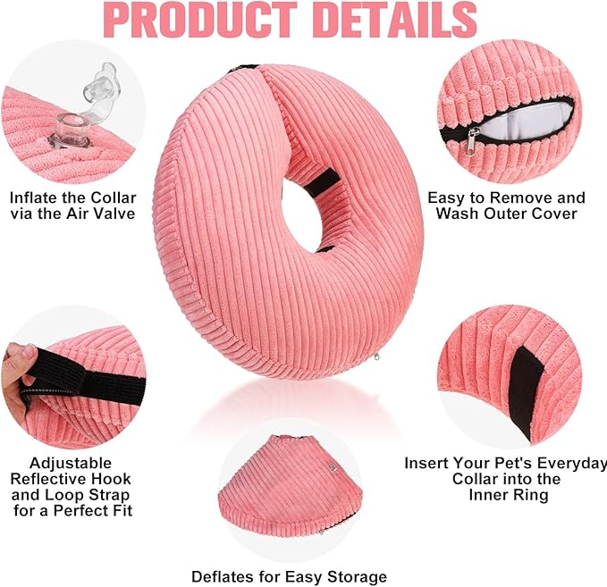 BINGPET Inflatable Dog Cone Collar Alternative After Surgery,Soft Recovery Cone for Dogs to Stop Licking,Protective Neck Donut E Collar Adjustable for Small Medium Large Dogs & Cats(Pink,M)