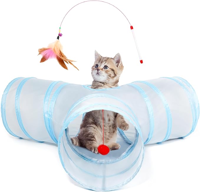 Tempcore 3-Way Collapsible Cat Tube Toys, Indoor Cat Tunnels with Peek Hole Toy Ball, Light Grey