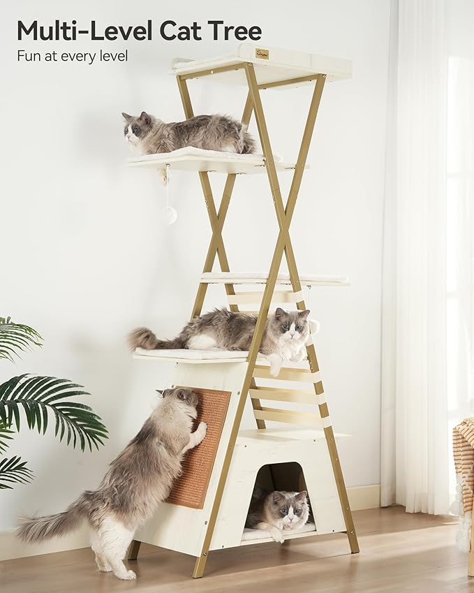 FourFurPets 72.4" Cat Tree, Modern Cat Tower for Indoor Cats, Multi-Level Cat Condo with Caves, Tall Cat Tree with Cat Scratching Board, Wooden Cat Tower with Large Perch, Removable Pads, White