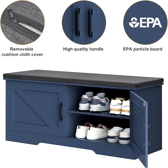 2-Tier Storage Bench, Shoe Bench with Padded Seat Cushion, Entryway Bench with 2 Barn Doors, Adjustable Shelf, 13.8" D x 39.4" W x 17.7" H, for Entryway, Living Room, Bedroom, Blue