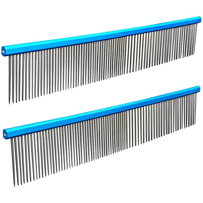 2 Pack Dog Combs with Stainless Steel Teeth Applicable to Cat Dog Comb Removing Tangles Easily Remove Dirt Grooming Anti-Slip Comfort Grip Handle （blue）