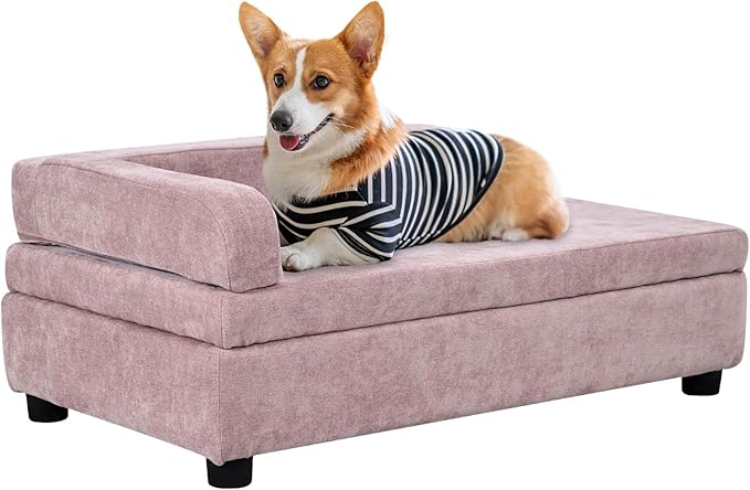 AFBKSS&BB Pet Sofa with Hidden Storage for Puppy and Cat,Linen Fabric Dog Sofa,Cat Couch with Wooden Frame (Pink)