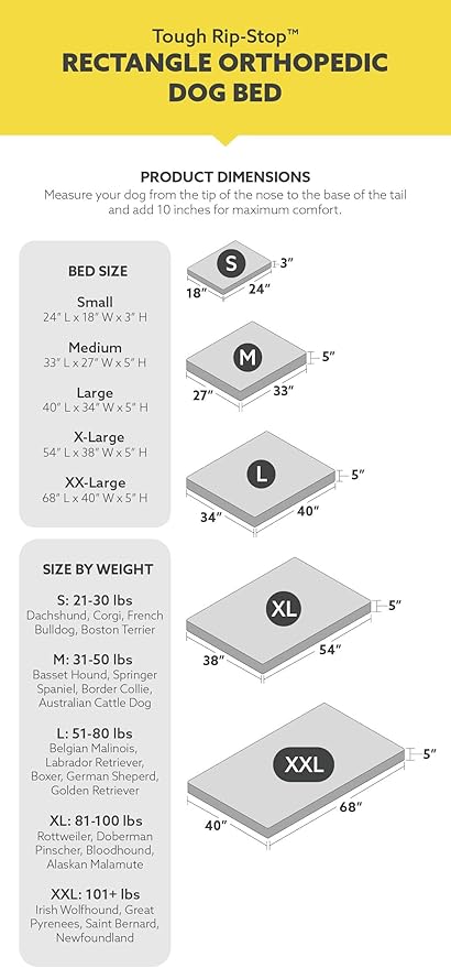 K9 Ballistics Tough Rip-Stop Orthopedic Rectangle Dog Bed Removable Washable Cover, Solid Orthopedic Foam for Size S Dogs 24"x18", Light Gray Velvet