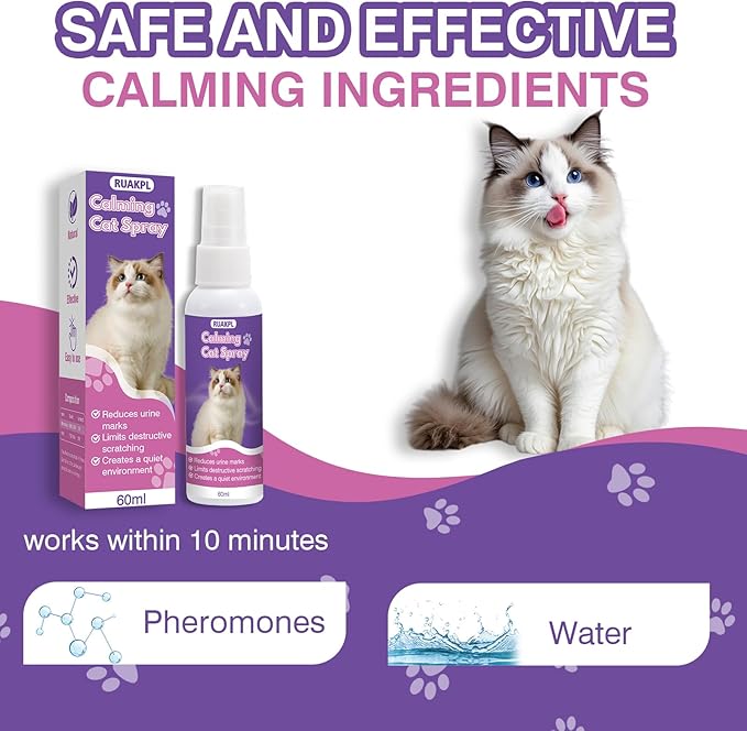 Cat Calming Spray 60 ML 2 Pack Calming Solution for Cats Cat Pheromone Spray Reduces Stress Anxiety Scratching Calming Spray for Cats Good for Home Travel Cat Pheromones Calming Spray
