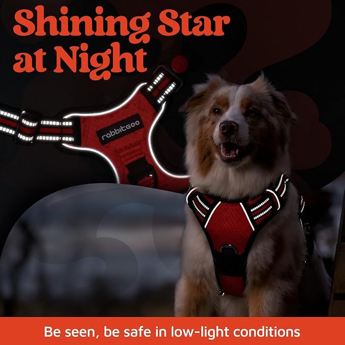 rabbitgoo Dog Harness for Large Dogs, No Pull Pet Vest with 3 Buckles, Adjustable Soft Padded Pet Harness with Easy Control Handle and Reflective Strips, Red, XL