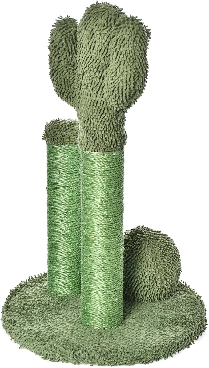 Amazon Basics Cat Scratcher - Indoor Cactus Triple Posts Cat & Kittens Scratching Post with Dangling Ball, Large (27"H) - Green