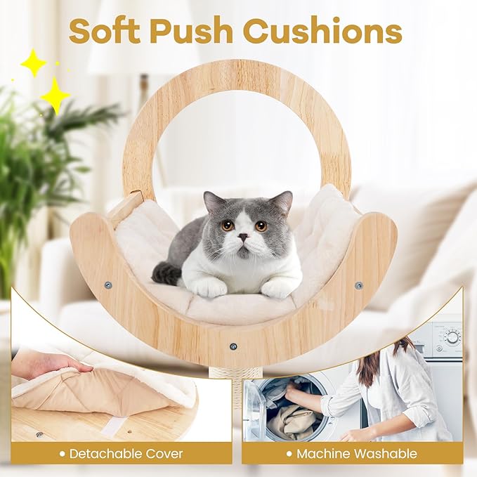 PETSITE 57 Inches Tall Wooden Cat Tree, Multi-Level Cat Tower with Scratching Posts, Space Capsule Bed, Padded Platform and Hanging Ball, Modern Transformable Cat Tree Tower for Indoor Cats Large