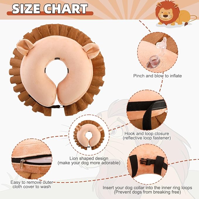 KOOLTAIL Inflatable Dog Cone Collar, Soft Dog Cone Alternative for Large Medium Small Dogs After Surgery, Adjustable Donut Neck Cone for Dogs Cats, Recovery E Collar with Enhanced Anti-Licking,Lion XL