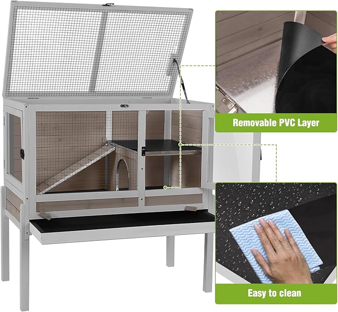 GUTINNEEN Rabbit Hutch Guinea Pig Cages Indoor with Stand Wooden Small Animals Cage Hutch Hamster Cage with Hideout,Pull Out Tray, Anti Chew Ramp(Brown)