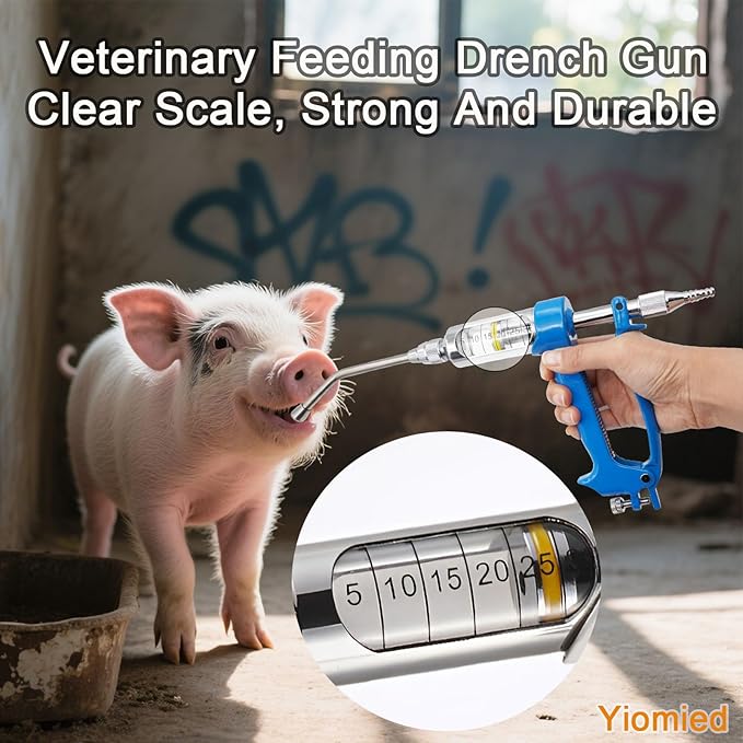10ML Veterinary Metal Feeding Gun, Continuous Drench Gun Dosing Device Veterinary Adjustable Medicine Dispenser Husbandry Autonomous Feeding Tool, for Pig Cow, Sheep, Horse (Blue, 10ML+Kettle)