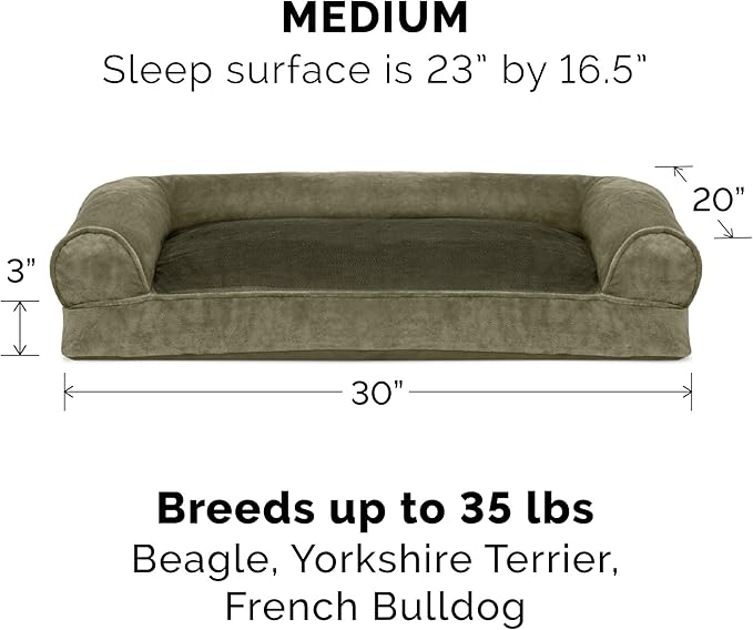Furhaven Pillow Dog Bed for Medium/Small Dogs w/ Removable Bolsters & Washable Cover - Faux Fur & Velvet Sofa - Dark Sage, Medium