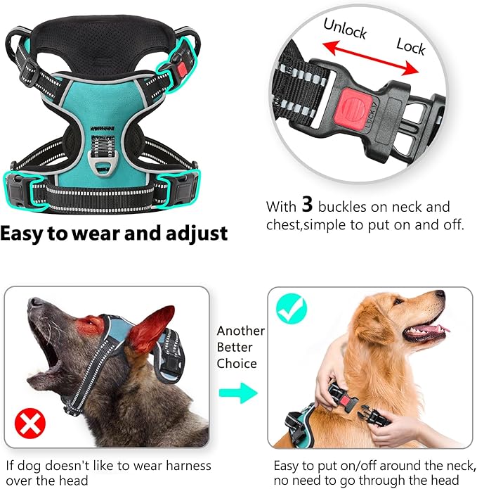 Timos No Pull Dog Harness,NO Need Go Over Dogs Head 3 Snap Buckles Reflective Oxford No Choke Puppy Harness with Front & Back 2 Metal Leash Clips Soft Padded Vest Harnesses for Small Medium Large Dogs