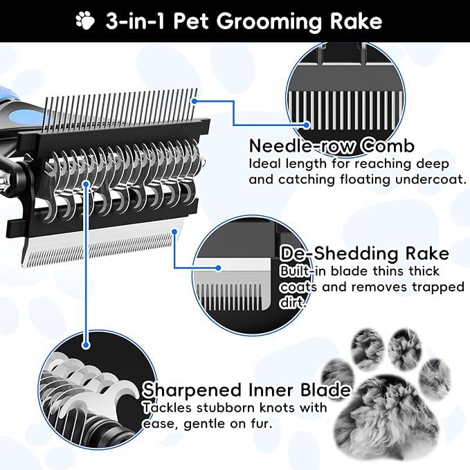3-in-1 Pet Deshedding Tool – Grooming Brush for Dogs & Cats with Undercoat Rake & Dematting Comb (Blue)