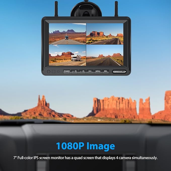 4 Cameras Wireless RV Backup System with 7-Inch Monitor, 2 Rear Sharkfin 2 Side Cameras, IR Night Vision, IP69k Waterproof Recording, Compatible with Furrion Pre-Wired RV Truck Trailer BW4