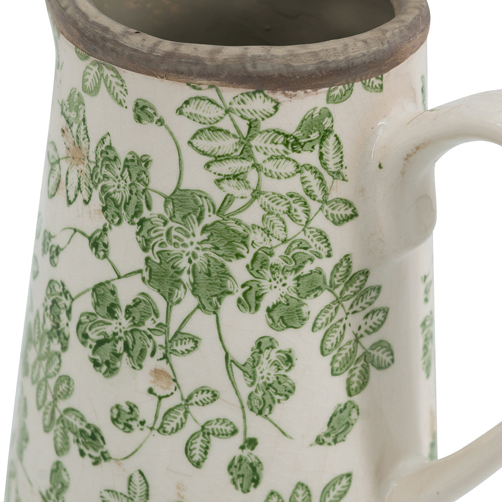6.3x4.5x7.1' White Ceramic Pitcher Vase with Green Floral Pattern