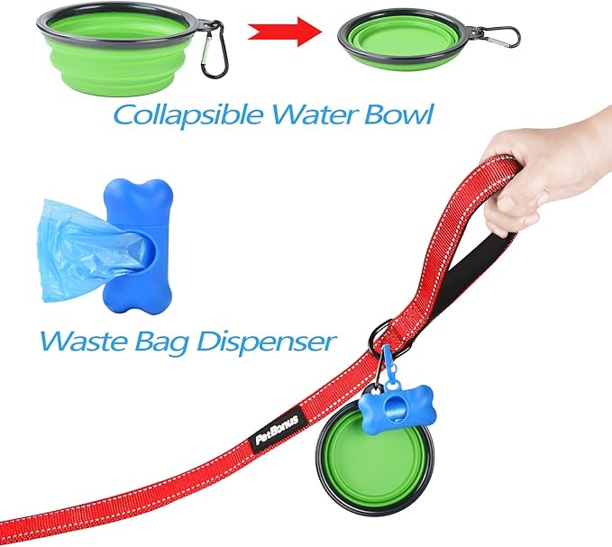PetBonus Double Dog Leash, No Tangle Dual Leash, Reflective Walking Training Lead, 4 Comfortable Padded Handles for 2 Dogs with Collapsible Bowl and Waste Bags (Red, Large)