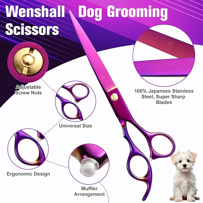 Professional Dog Grooming Scissors Set - 6.5" Thinning, 7" Straight, 7" Up-Curved, 7" Down-curved Scissors and Comb for Dog Cat Pet (Purple)