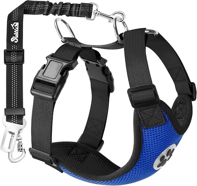 SlowTon Dog Seat Belt Harness for Car, Dog Car Harness Adjustable Mesh Breathable & Dog Seatbelt Safety Tether with Elastic Bungee for Small Medium Large Pets(Blue, Double Clip, M)