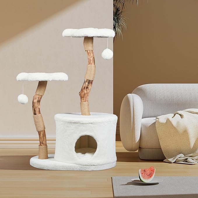 NATURAL EXPRESSIONS Modern Cat Tree and Tower for Indoor, Luxury Solid Wood Condo for Large Cats, Flower Cat Tree with Scratching Post, Cat Climbing Furniture with Cat Hiding Enclosure