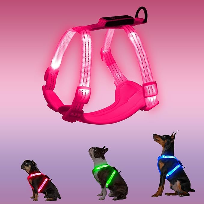 Rechargeable Light Up Dog Harness for Small Dogs – Adjustable LED Dog Vest with Reflective Strips, No Pull Glow in The Dark Puppy Harness for Night Walking Safety-Pink