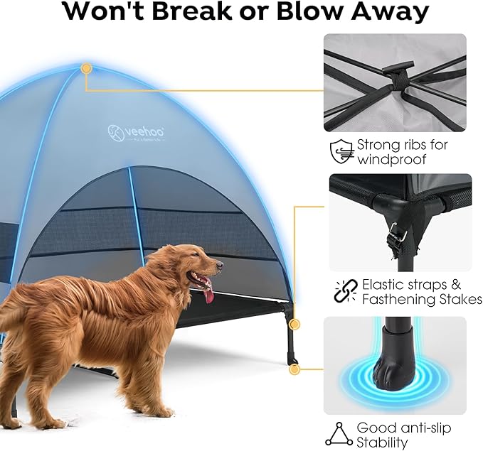 Veehoo Outdoor Dog Bed with Canopy, Cooling Elevated Pet Cot with Removable Shade, Non-Slip Feet, Raised Dog Cot for Large Dogs, Pet Tent Bed for Camping, Beach, Large, Black, CWC2411