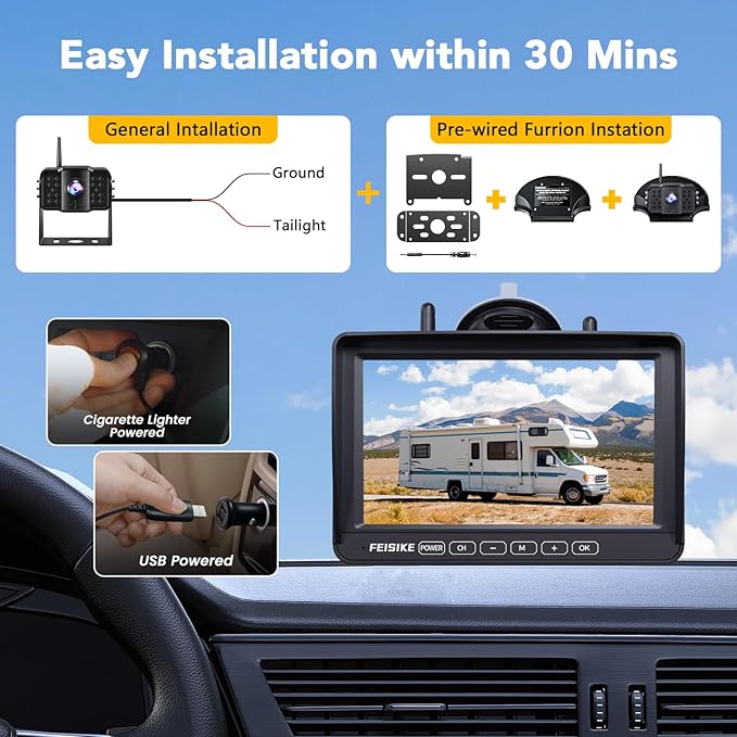 Dual RV Backup Camera Wireless with 7" 1080P Monitor, for Furrion Pre-Wired RVs, 4-Channel Split Screen System, Loop Recording, IR Night Vision, Wide Rear View Camera for Truck, Trailer, Camper