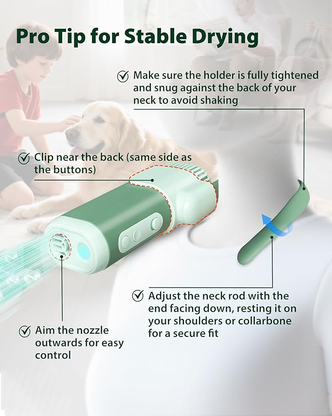L&W BROS. Hands-Free Dog Dryer – Powerful & Professional Pet Blow Dryer for Small & Medium Dogs & Cats, Adjustable Airflow, Easy Storage, Negative Ion Technology (Green)