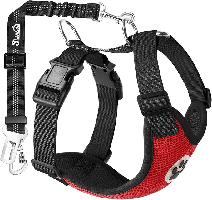 SlowTon Dog Seat Belt Harness for Car, Dog Car Harness Adjustable Mesh Breathable & Dog Seatbelt Safety Tether with Elastic Bungee for Small Medium Large Pets(Red, Double Clip, M)