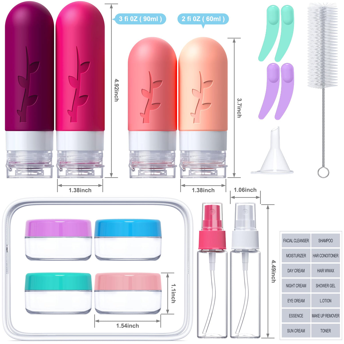 18pack Travel Bottles for Toiletries,TSA Approved Silicone Travel Containers for Toiletries,Leak Proof Refillable Liqus Shampoo And Conditioner travel Essentials toiletry Bottles
