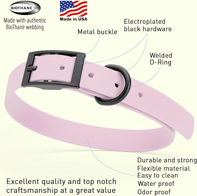 Dogline Biothane Waterproof Dog Collar Strong Coated Nylon Webbing with Black Hardware Odor- Proof for Easy Care Easy to Clean High Performance Fits Small Medium or Large Dogs, Pastel Purple