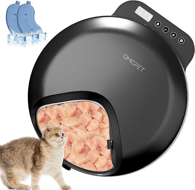 Automatic Cat Feeder Wet Food, Whisker-Friendly Automatic Cat Food Dispenser True 4-Meal Design with Locking Lid, Smart Timer Feeder for Wet Cat/Dog ，2-Ice Packs, Easy to Clean (Black)