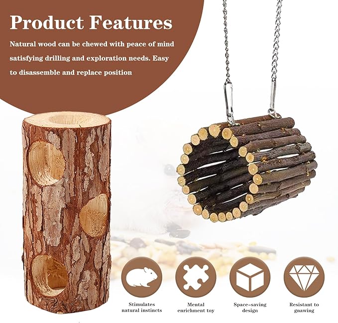 Natural Wooden Hamster Tunnels & Hideouts – Chew-Safe Birch Trunk Tubes for Dwarf Hamsters, Gerbils, Mice – Cage Accessories, Exercise Toy, Forest-Themed Small Pet Habitat