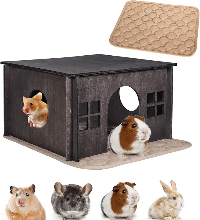 Wooden Guinea Pig House with Windows,Hamster Hideout, Large Size Suitable for Two Guinea Pig Hideout, Ventilated Wood Habitats Decor for Chinchilla, Hamster Mice Gerbils Mouse