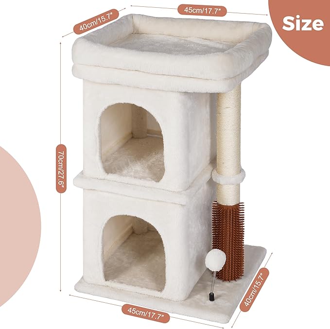 Cat Tree with Large Top Bed 17.7x15.7” Small Cat Tower with Dual Condos,28” Fully Scratching Post and Self Groomer for Indoor Cats-Beige