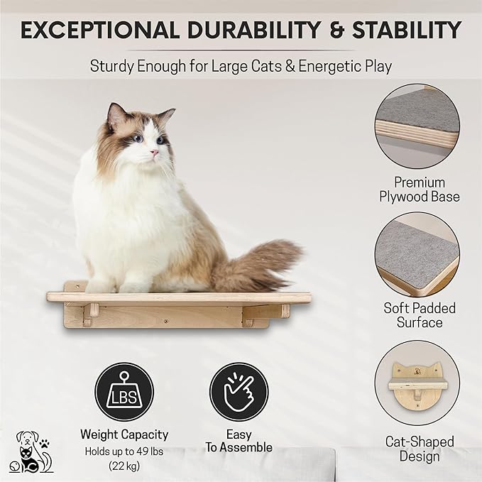 Snuggle & Play Cat Wall Shelves with Suction Cup Wand – 3 Mounted Steps, Climbing Wall Shelves and Furniture with Cat Wand