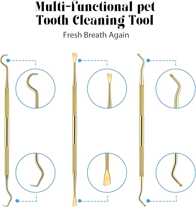 Hotop 3 Pieces Dog Dental Tooth Scaler and Scraper Stainless Double Headed Tarter Removing Tool Scraper Pet Teeth Cleaning Tools for Dog and Cat(Gold)