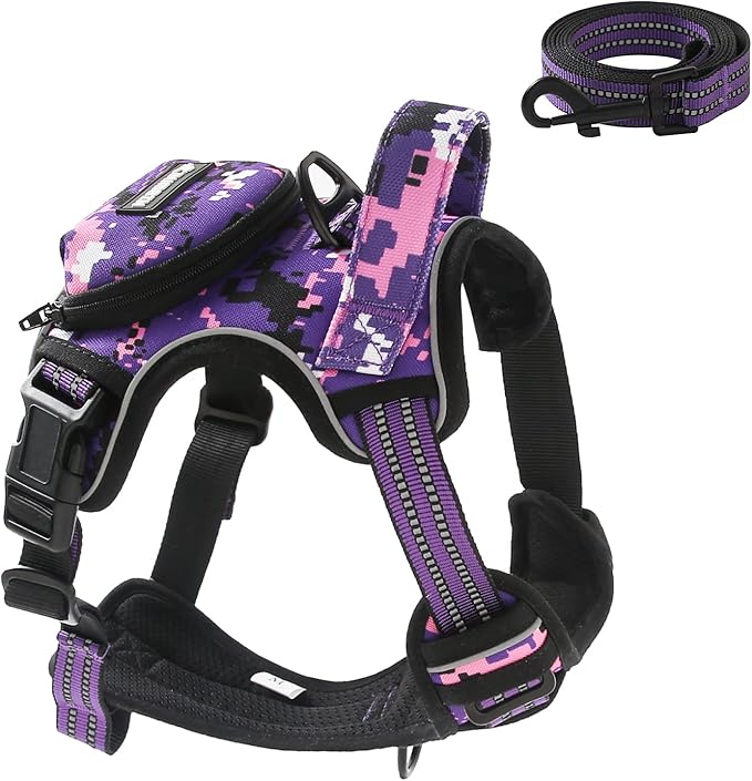 No Pull Dog Harness for Small Dogs, Adjustable No Choke Pet Vest with Dog Leash Fit Smart Reflective Pet Walking Harness for Training Easy Control Soft Handle Purple Camo S