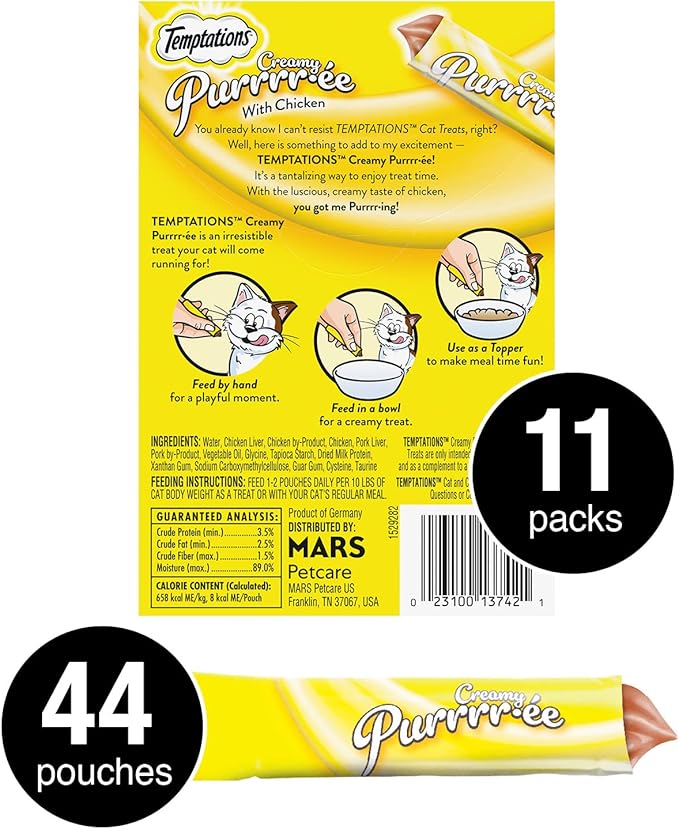 Temptations Creamy Puree Squeezable Lickable Wet Cat Treats with Chicken, 0.42 oz. Tubes, 4 Count, Pack of 11 (44 Total)
