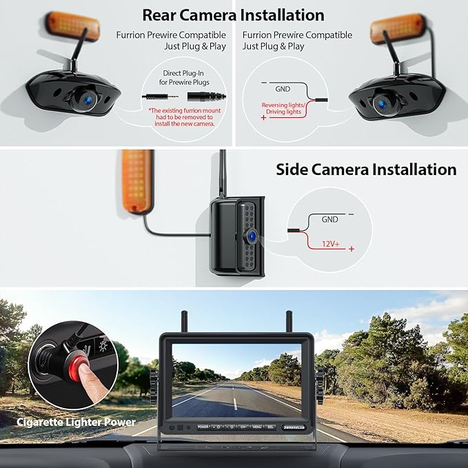 4 Cameras Wireless RV Backup System with 7-Inch Monitor, 2 Rear Sharkfin 2 Side Cameras, IR Night Vision, IP69k Waterproof Recording, Compatible with Furrion Pre-Wired RV Truck Trailer BW4