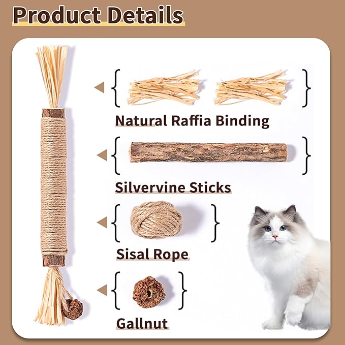 6 Pack Silvervine Cat Chew Toys, Natural Dental Sticks for Indoor Cats, Kittens Teeth Cleaning, Catnip Alternative, Interactive Play, Yellow