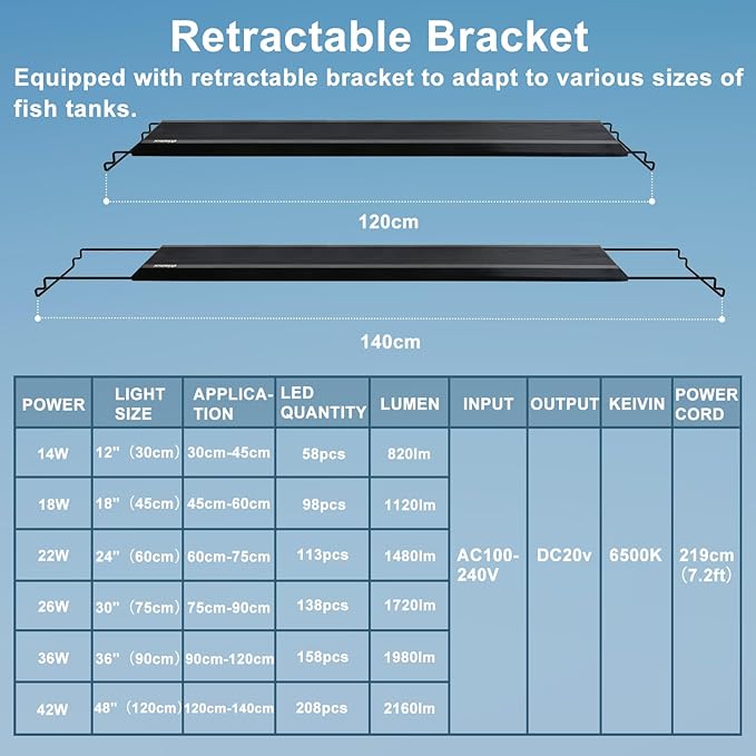 24/7 LED Aquarium Light, IP68 Waterproof Extendable Bracket Fish Tank Light with Timer, 7 Colors, 10 Level Adjustable Brightness, DIY Mode Full Spectrum Aquarium Plant Light for 48-54 Inch Fish Tank