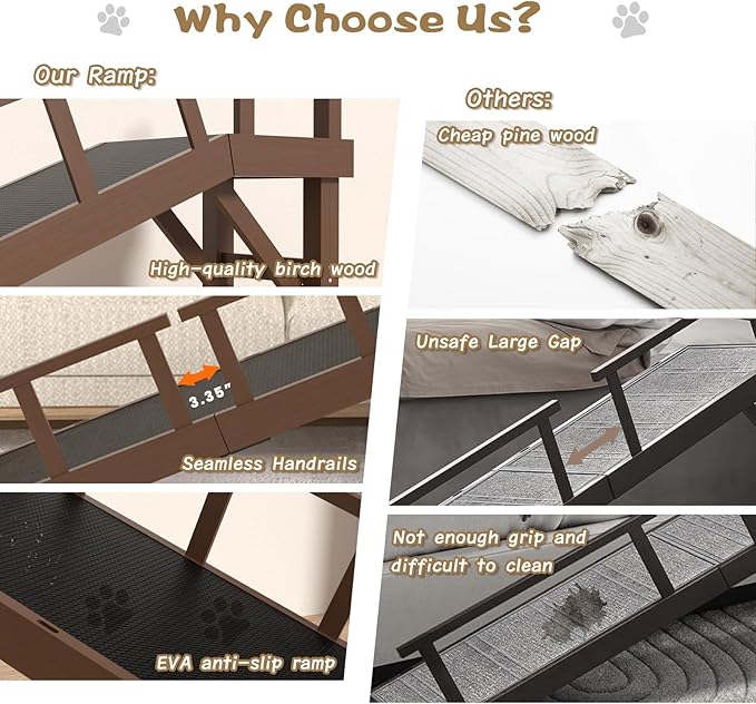 73" Dog Ramp for Bed, Pet Ramp with Removable Side Rail and Non-Slip Surface, Pet Ramp for Small & Large & Senior Dogs with Rest Platform and DIY Glow Strips,Dog Stairs for Couch, Brown