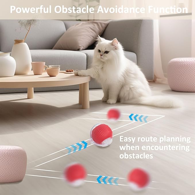 Interactive Cat Toys for Indoor Cats, 360° Smart Automatic Kitten Toys Self Rolling Pet Ball, Moving Dog Cat Ball with Mesh Tail for Bored, USB Rechargeable (Red)