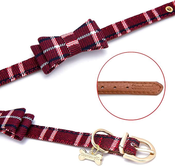 Puppy Collars for Small Dogs - StrawberryEC Adjustable Puppy Id Buckle Collar Leather. Cute Plaid Red Bowtie Dog Collar (Bow-Red)
