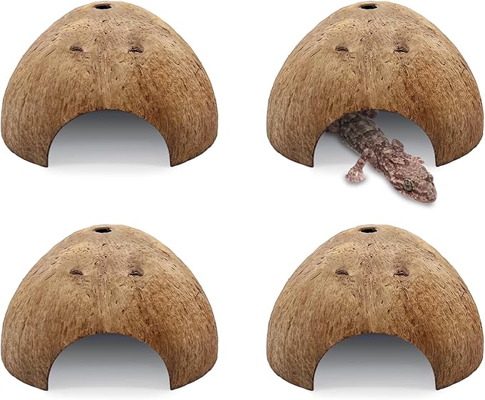 PINVNBY 4 PCS Natural Coconut Reptile Hideouts Lizard Coco Hut Hermit Crab Hut Aquarium Fish Hide Cave Spider Snail Climber Toys