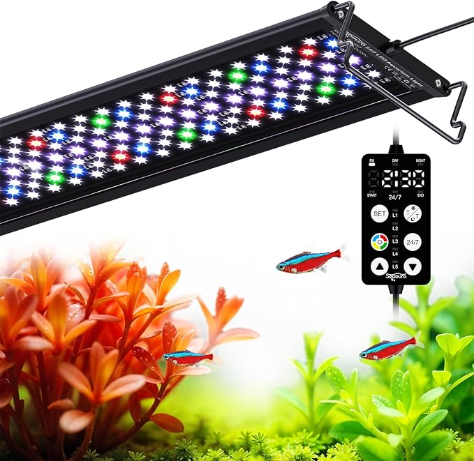 LED Aquarium Plant Light, 24/7 Custom Timer, Power-Off Memory, 7-Row LEDs 30-36in Full Spectrum Fish Tank Lights, 8 Colors, 20 Brightness, Day & Night Cycle, Adjustable Mount for Freshwater