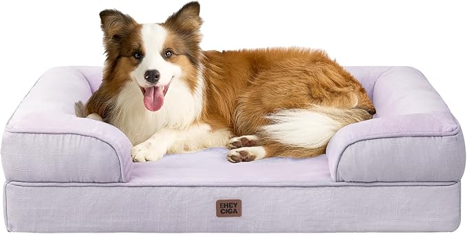 EHEYCIGA Orthopedic Dog Beds for Large Dogs, Waterproof Memory Foam Large Dog Bed with Sides, Non-Slip Bottom and Egg-Crate Foam Pet Couch Bed with Washable Removable Cover, Lilac