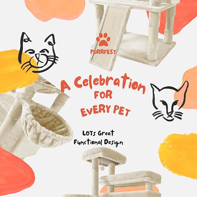 Cat Tree, 80-Inch Large Cat Tower with 9 Scratching Posts, 2 Perches, 2 Caves, 2 Basket, 2 Stairs, Extra Large Hammock, Pompoms, Multi-Level Plush Cat Condo for Indoor Cats/Beige