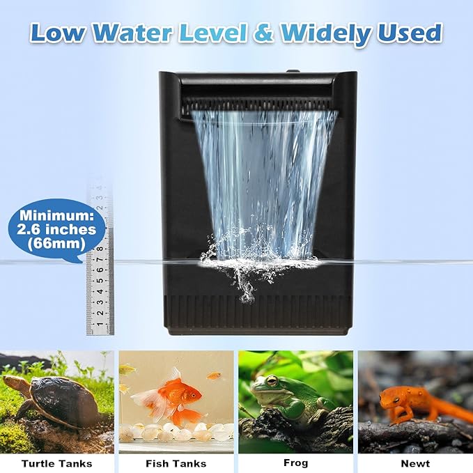 290GPH Turtle Tank Filter for 40-85 Gallon, Turtle Filter Low Water Level Available and Flow Adjustable, Turtle Water Filter for Shrimps Amphibians Turtle Tank Saltwater Freshwater Crystal Clear